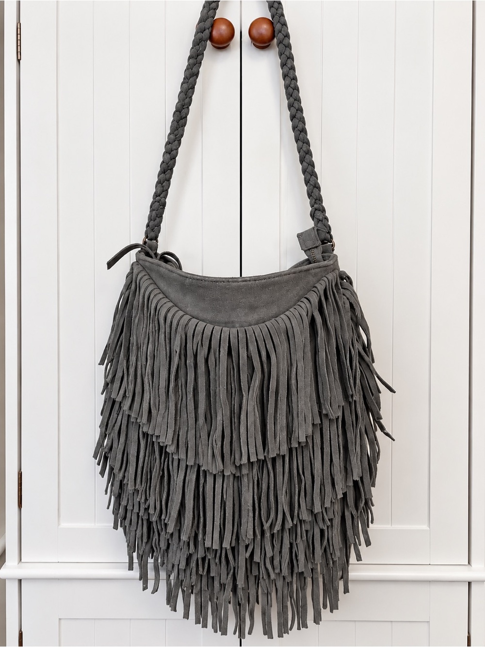 Ecoté Gray Suede Leather Fringe Crossbody Bag with braided strap Boho Western